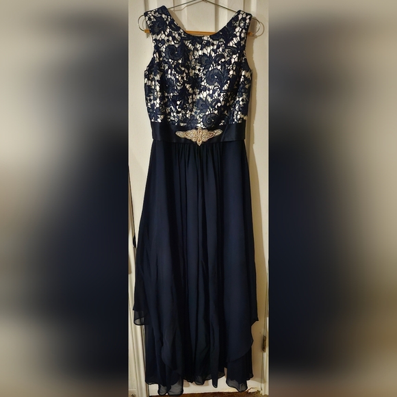 GRACE LEE Women's Long Evening Gown Lace Round Neck Prom Dress (Navy Blue)- L - Picture 3 of 7